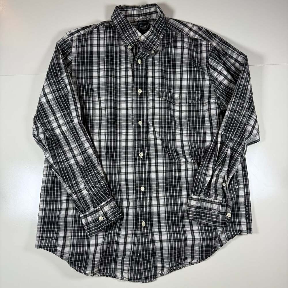 Chaps Men's Long Sleeve Button-Down Plaid Shirt Black White Size Large
